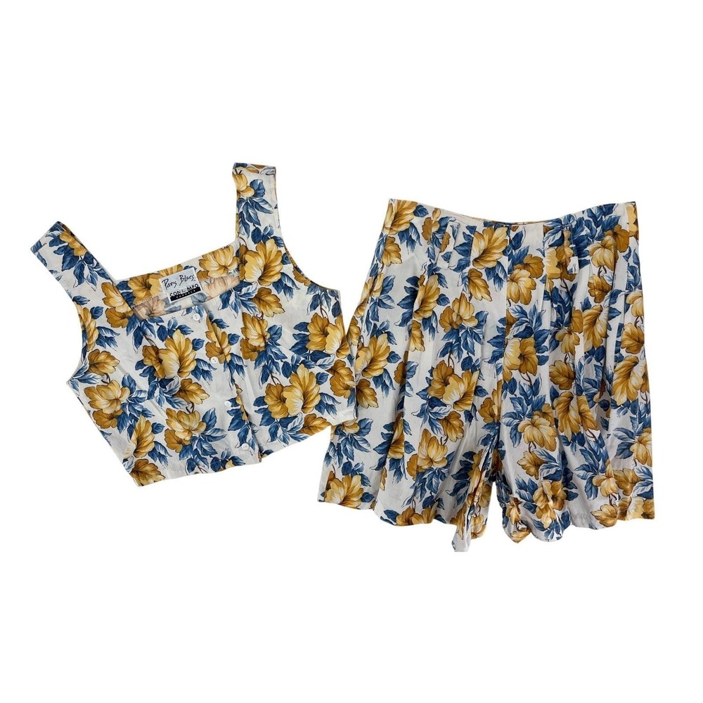 Vintage 90s Floral Matching 2 Piece Set Crop Top Shorts Paris Blues Contempo